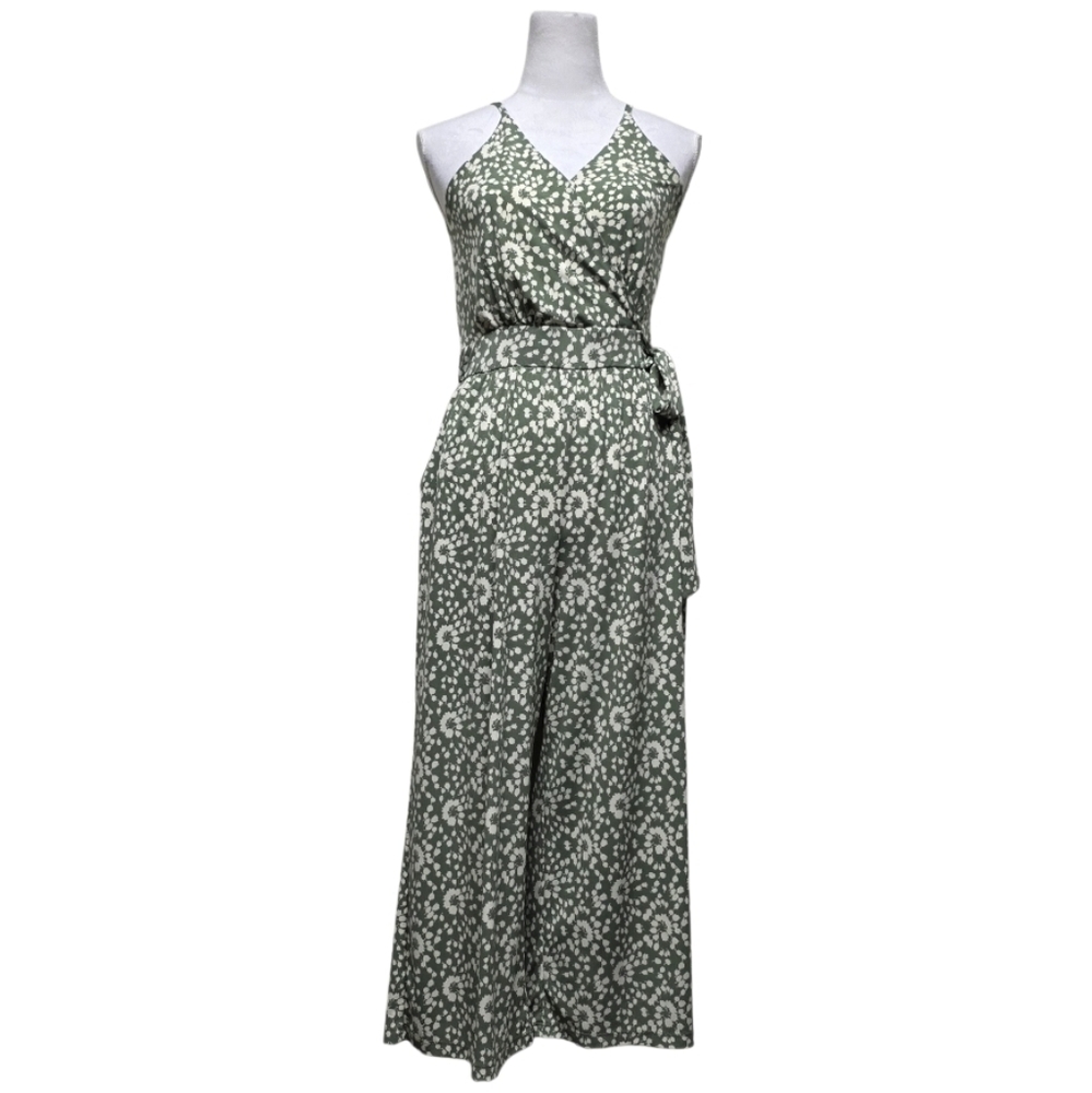 Kaileigh Olive Green w Beige Floral Pattern, Knit Crop Jumpsuit/Romper Sz Medium